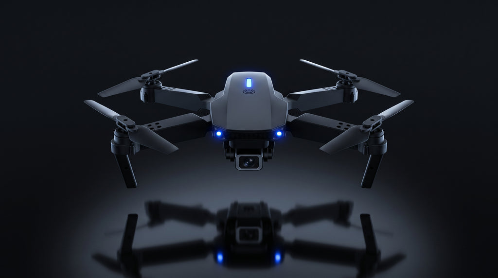 AERION E88 matte black drone hovering in studio