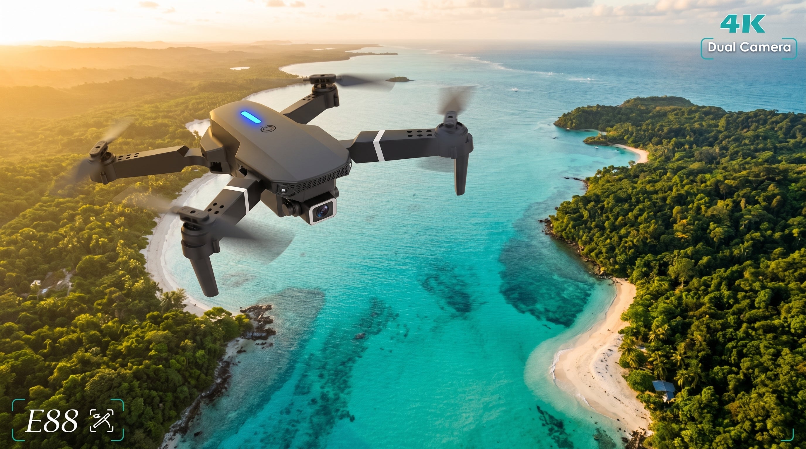 AERION E88 drone flying over a tropical coastline