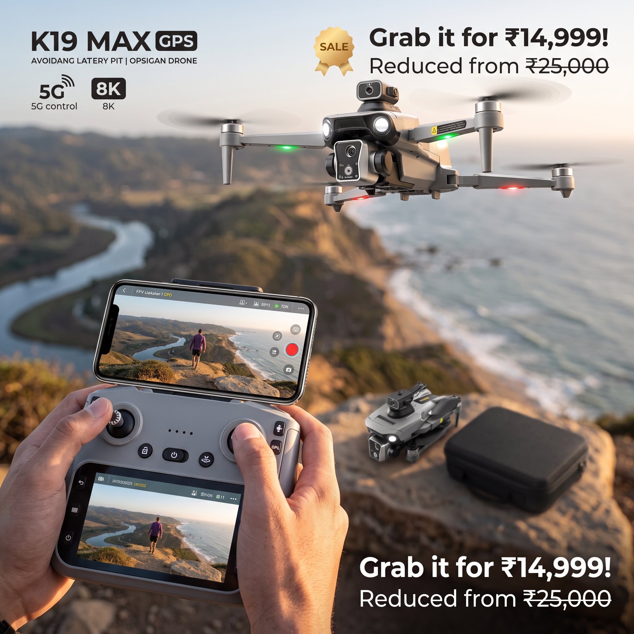 AERION K19 Max drone hovering over landscape